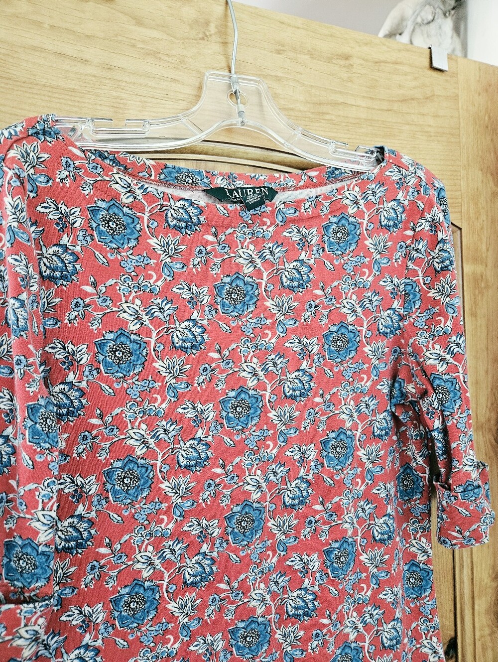 Lauren Ralph Lauren Floral Boat Neck Knit Top Pink Blue Size Small